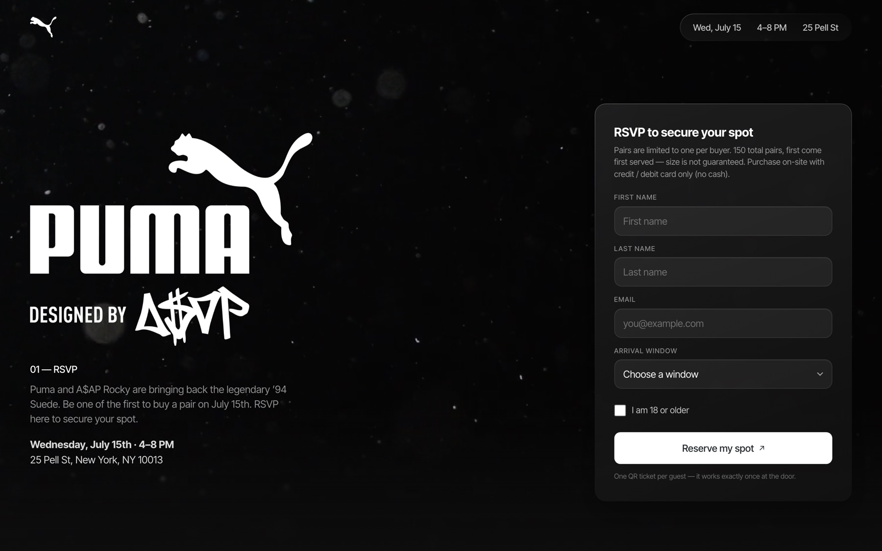 PUMA × A$AP Rocky RSVP site on desktop