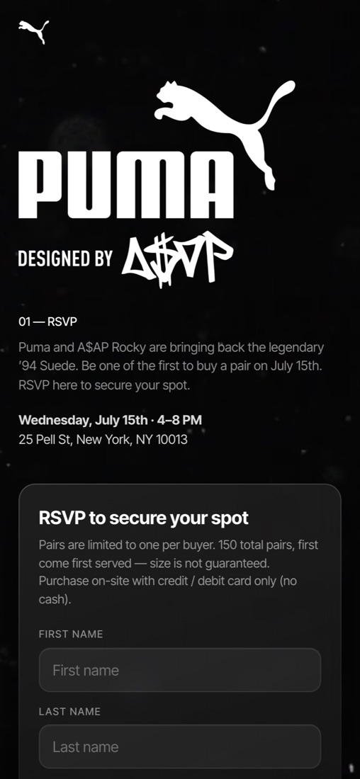 PUMA × A$AP Rocky RSVP site on mobile