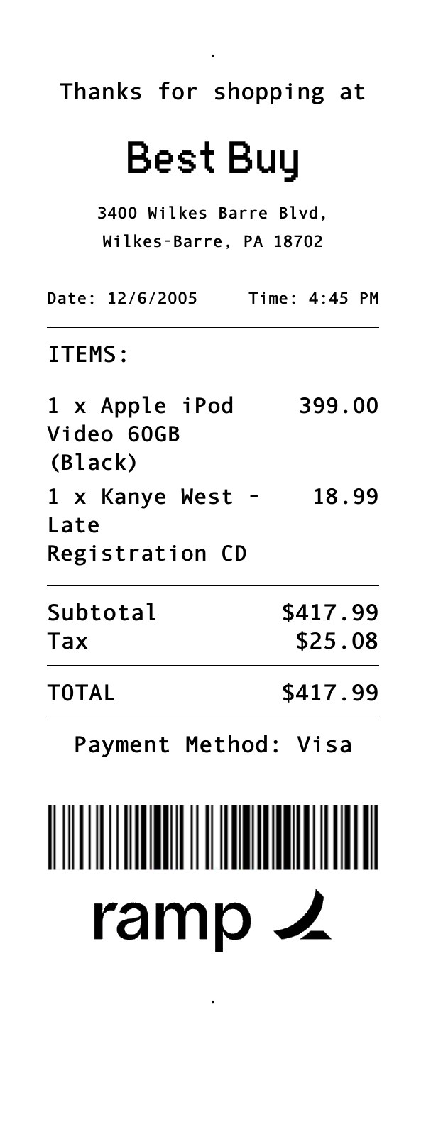 A generated Ramp receipt from Best Buy