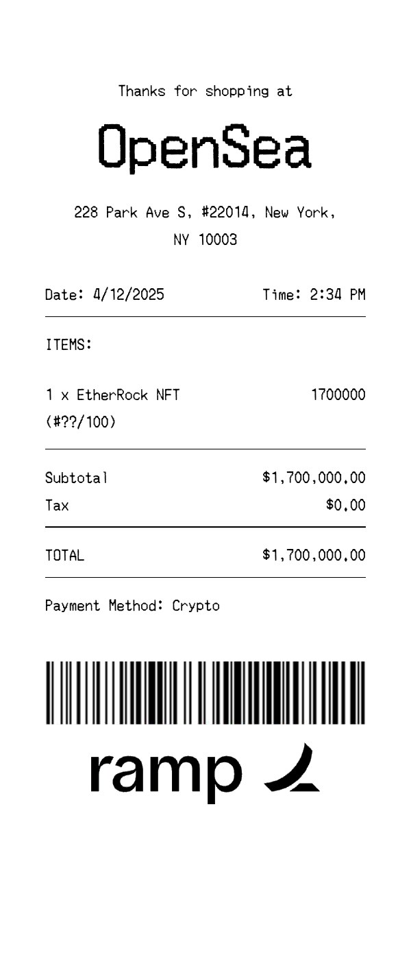A generated Ramp receipt from OpenSea