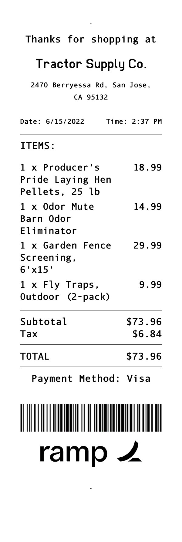 A generated Ramp receipt from Tractor Supply Co.
