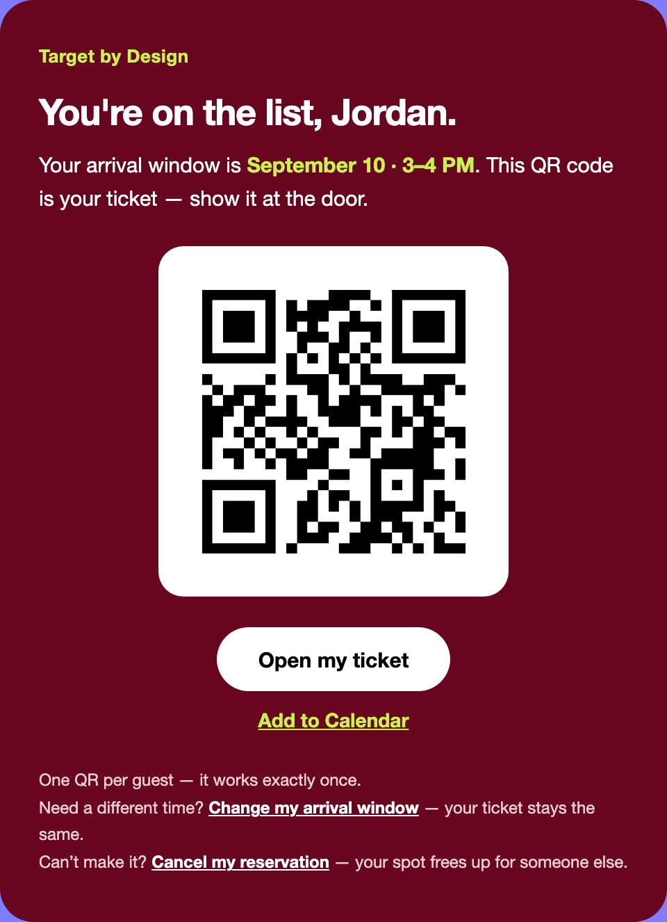 A QR ticket email confirming a guest's arrival window